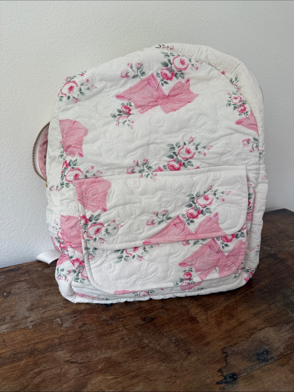 NWT LoveShackFancy Quilted Floral Cream and Pink Backpack with Bow Accent